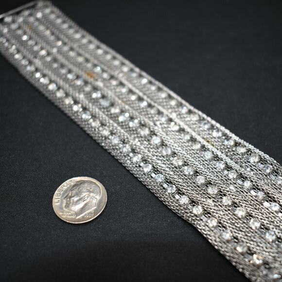 Vintage Wide Rhinestone Silver Tone Bracelet, Magnetic Clasp, 7 1/2 Inches - Picture 7 of 7